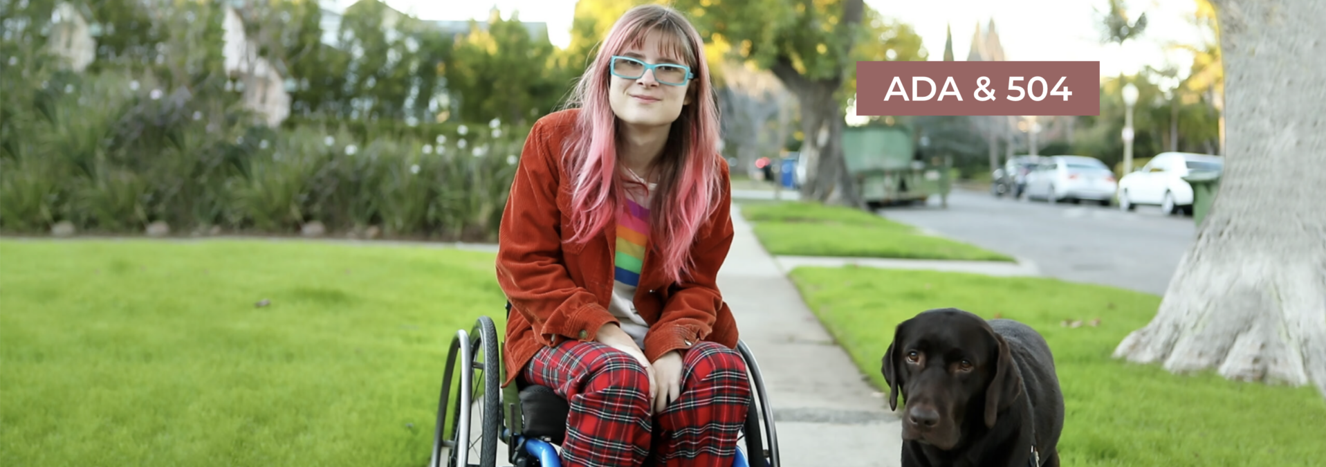 ADA + 504. A teenager with a disability outside on the sidewalk with her dog in the afternoon