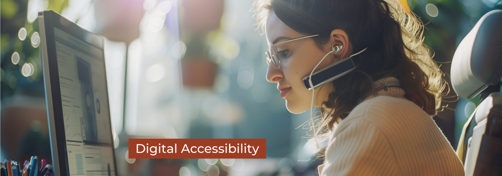 Digital Accessibility - A young professional woman using her desktop computer with earbuds in, out of focus background